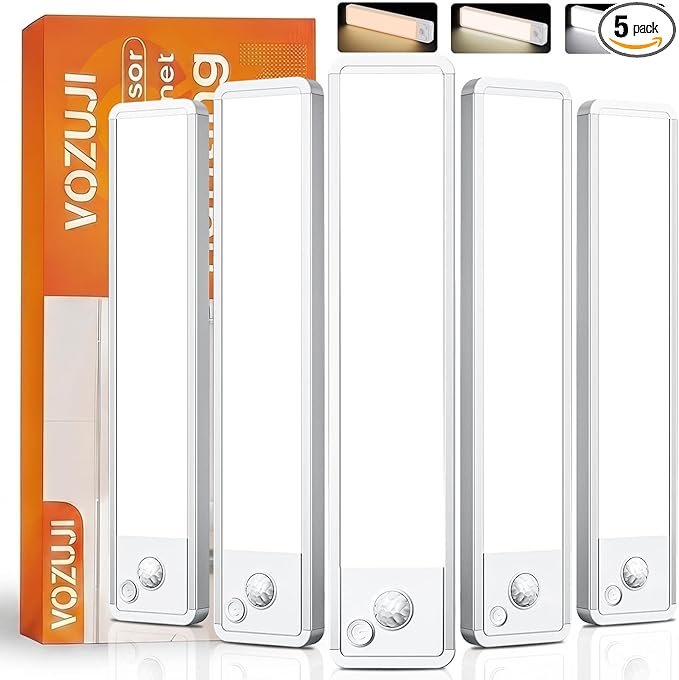 Under Cabinet Lighting: 12 Inch 3-Color Dimmable Rechargeable Motion Sensor Lights Indoor - Battery Operated Lights - Closet Light Magnetic Led Light for Kitchen Home Bathroom Counter 5 Pack