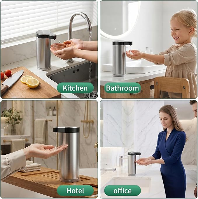 Automatic Soap Dispenser Touchless,Stainless Steel Hand Soap Dispenser,11.8oz/350ml,4 Adjustable Levels,USB Rechargeable,Desktop & Wall-Mounted Dual Use,for Kitchen & Bathroom,Liquid Black.