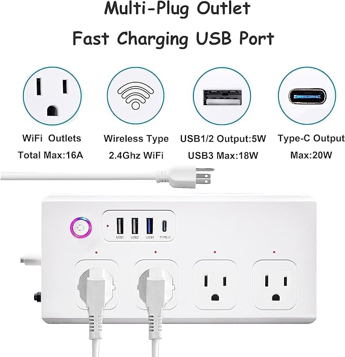XENON Smart Plug Power Strip，Surge Protector with 4 Individually Controlled Smart Outlets, Voice Control,4 USBs (incl. 20W USB-C), Compatible with Alexa and Google Home,5Ft Extension Cord