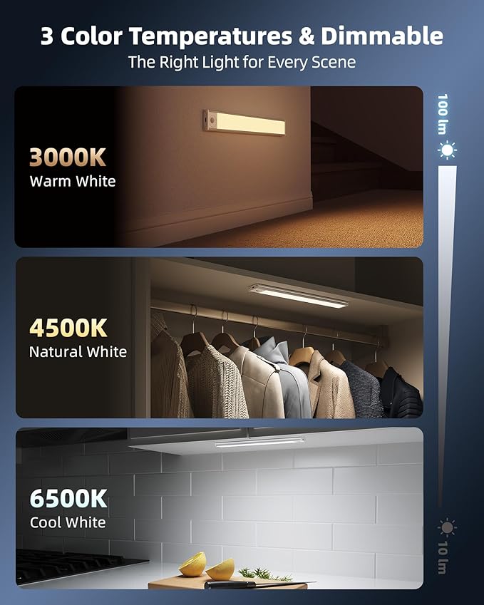 Under Cabinet Lighting Wireless, Rechargeable Battery Motion Sensor Light Indoor, LED Closet Lights USB Charging, 3 Color Dimmable Under Cabinet Lights for Kitchen, Cabinet, Wardrobe (3 Pcs) 12in