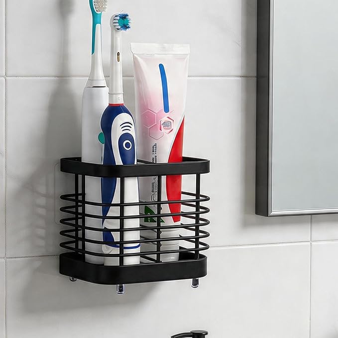 2 Slots Wall Mount Toothbrush Holder for Bathroom, Stainless Steel Toothbrush and Toothpaste Holder Organizer, Electric Toothbrush Holder Self Adhesive Wallmount/Countertop Organizer(Black)