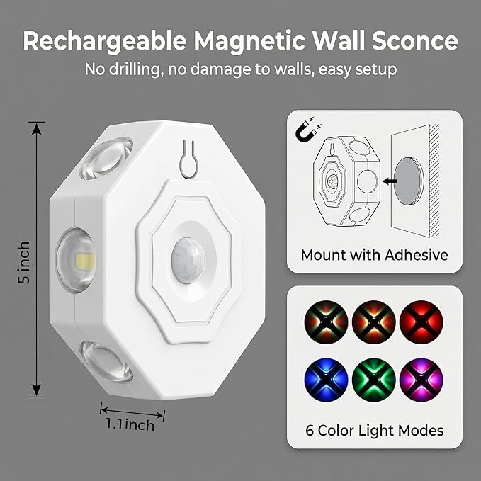 Motion Sensor Wall Lights, Peel and Stick On Rechargeable Wall Sconce Set of 2, Wireless No Drill RGB Color Changing Touch Dimmable Sconces for Indoor Hallway Stair Bedroom Closet