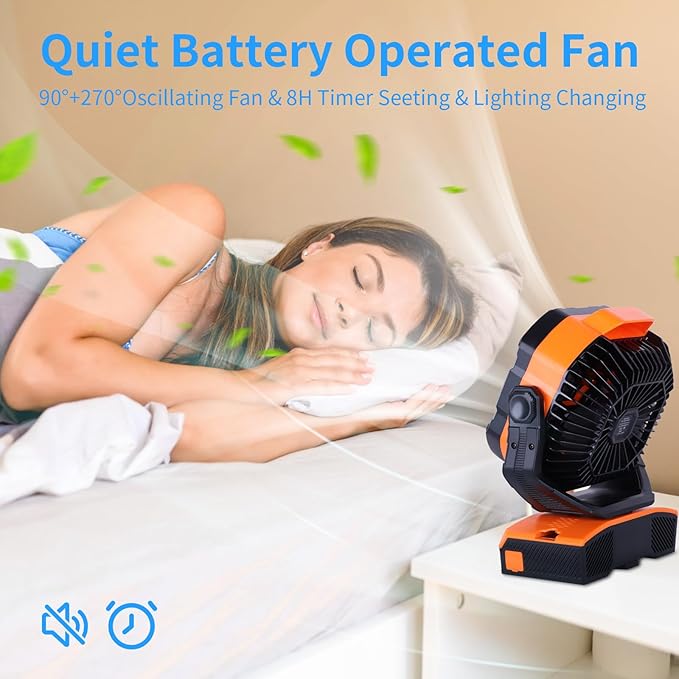 WESTTREE 20000mAh Camping Fan Oscillating Portable Fan Battery Powered Fans Rechargeable Camping essentials with Light Hook, 270° Pivot USB Desk Battery Operated Outdoor Tent Travel