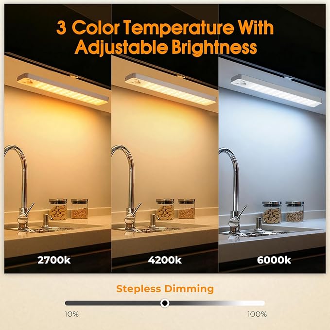 Under Cabinet Rechargeable Dimmable Lighting: 3 Color Temperature Motion Sensor Lights Indoor - Battery Operated Lights - Activated Closet Magnetic Wireless Led Light for Kitchen Home Bathroom 6 Pack
