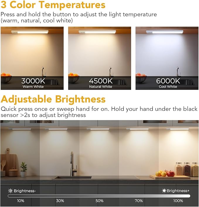 11.8 inch Under Cabinet Lighting with Hand Wave, 78 LED Motion Sensor Light, Rechargeable Closet Lights with 3 Color Temps, Dimming Magnetic Strip Night Lights for Kitchen, Wardrobe, Stairs (2 Pack)