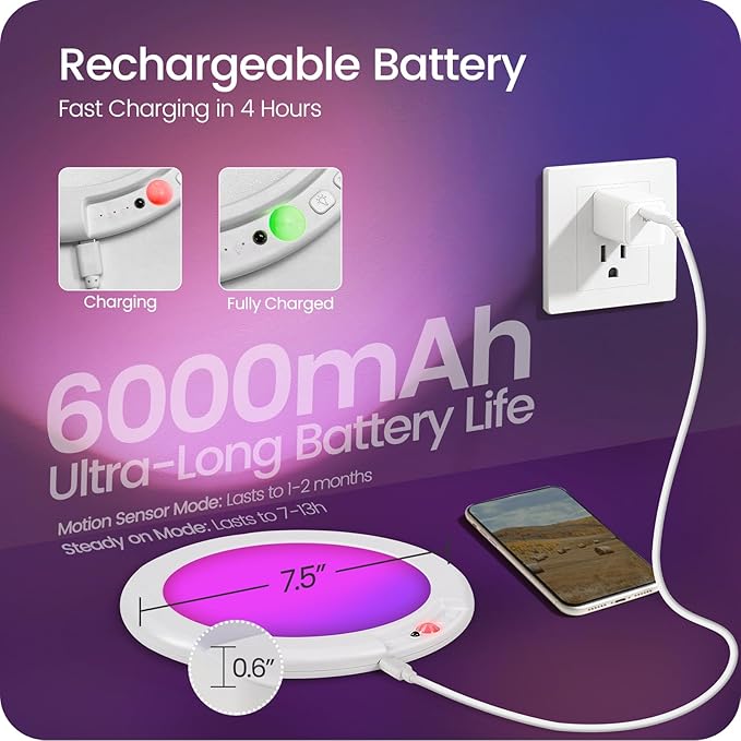 Motion Sensor Rechargeable Shower Light for Inside Shower with Remote, RGBW Battery Operated Ceiling Light, Wireless, Color-Changing Ambient Light, Warm-to-Cool Whites, Dimmable, Timer, Magnetic