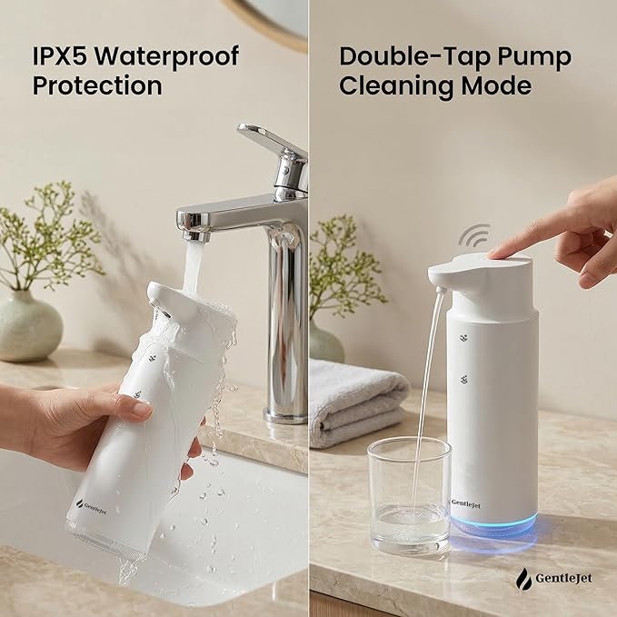 GentleJet CrystalJet Automatic Liquid Soap Dispenser Touchless Sensor, Stainless Steel, USB-C Rechargeable, Waterproof Kitchen & Bathroom Countertop Soap Dispenser, 300 ml