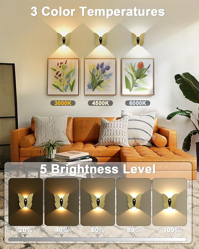 Magnetic Motion Sensor Wall Light: 5000mAh Rechargeable Battery Powered Wall Sconce Set of 2 with Remote, 3 Colors Wireless Wall Lamp LED Up and Down Wall Sconce for Hallway Stairway Bedroom, Gold