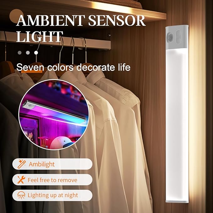 Rechargeable LED Night Light (1-Pack), 11.8" Motion Sensor Under Cabinet Light with 7-Color Ambient & Cool White, Magnetic Auto On/Off Wireless Wall Sconce for Closet, Staircase, Kitchen