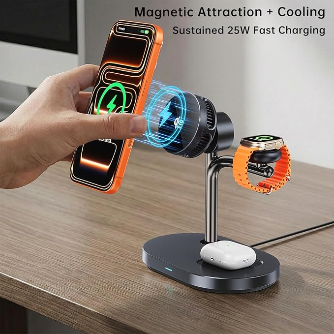 Qi2.2 25W 3 in 1 Wireless Charging Station with TEC Active Cooling Mag-Safe Charger Stand,Magnetic Wireless Charger for iPhone 17-8,Galaxy S26/S25/S24,Apple/Samsung Watch,Pods/Buds(45W Included)