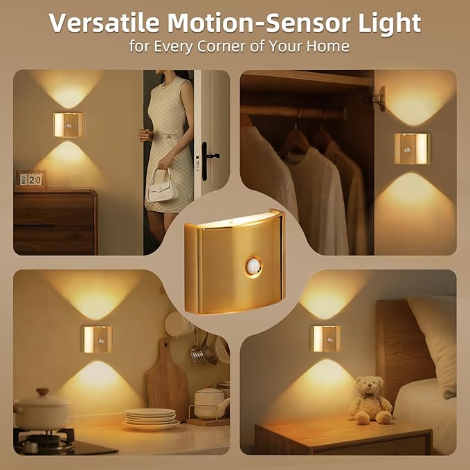 2 Pack Motion Sensor Wall Light, Rechargeable Wall Sconce with 3 Color Temperatures and Brightness Adjustable, Wireless Magnetic Mount for Bedroom, Stair, Hallway, Closet (2, Gold)