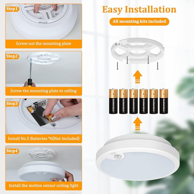 2-Pack Battery Operated Motion Sensor LED Ceiling Lights Indoor, Wireless Flush Mount Light Fixture 3000K in 400LM, Battery Powered Ceiling Lamps for Closet Pantry Laundry Stair(Battery Not Included)