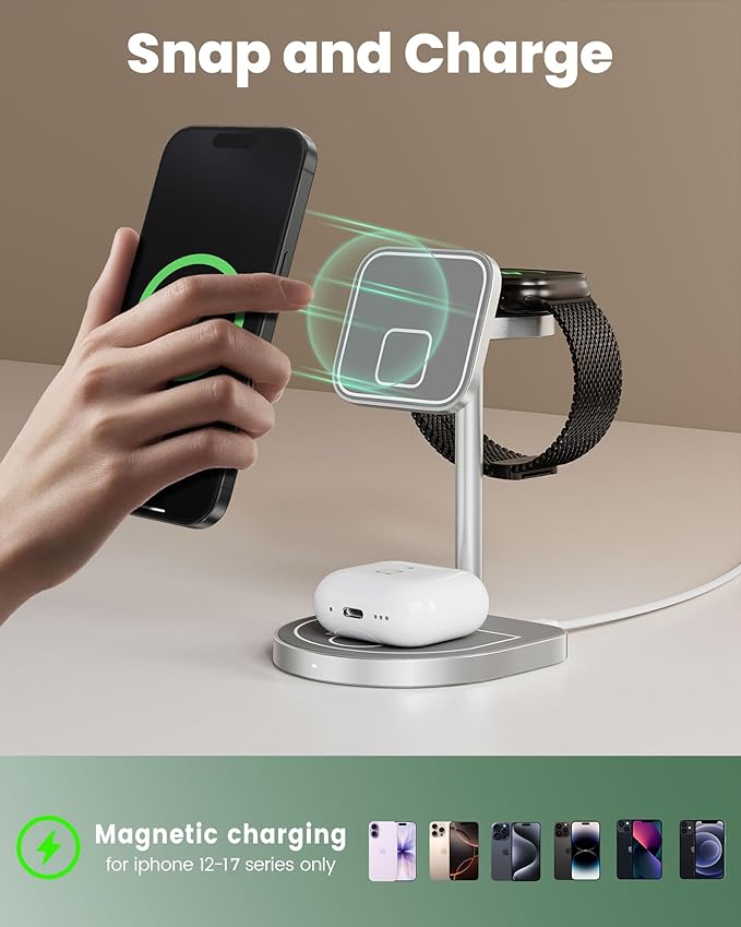 3-Point Power 3 in 1 Charging Station for Apple, KU XIU X85 Aluminum Alloy Magnetic Wireless Charger Stand with Mini Basketball & Hoop for iPhone 17/16/15/14/13/12, 5W for Apple Watch, AirPods, Gray