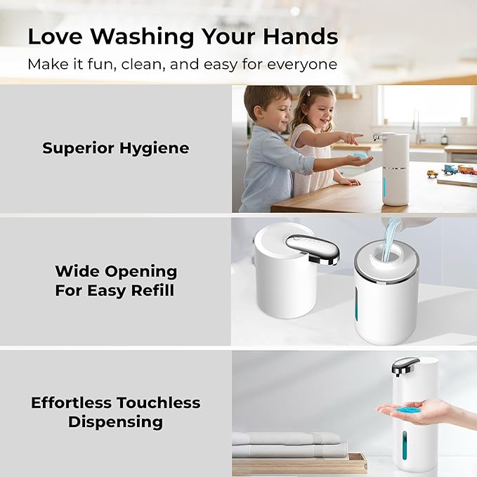 Automatic Soap Dispenser - Touchless Liquid Soap Pump for Kitchen Sink & Bathroom, USB-C Rechargeable, IPX5 Waterproof, Wall Mount or Countertop, 12.8oz (White)