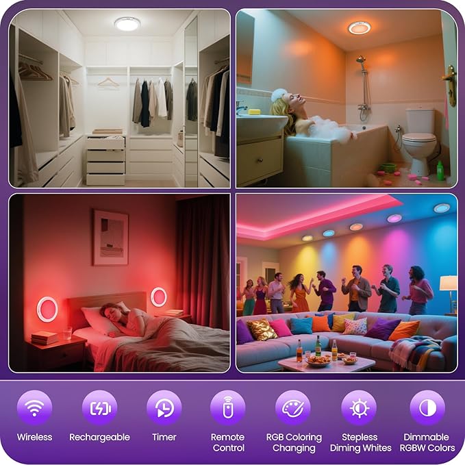 2 Pack Motion Sensor Rechargeable Shower Lights with Remote, RGBW Battery Operated Ceiling Light, Wireless, Color Changing, Warm-to-Cool Whites, Dimmable, Timer, Magnetic for Bathroom Closet Porch