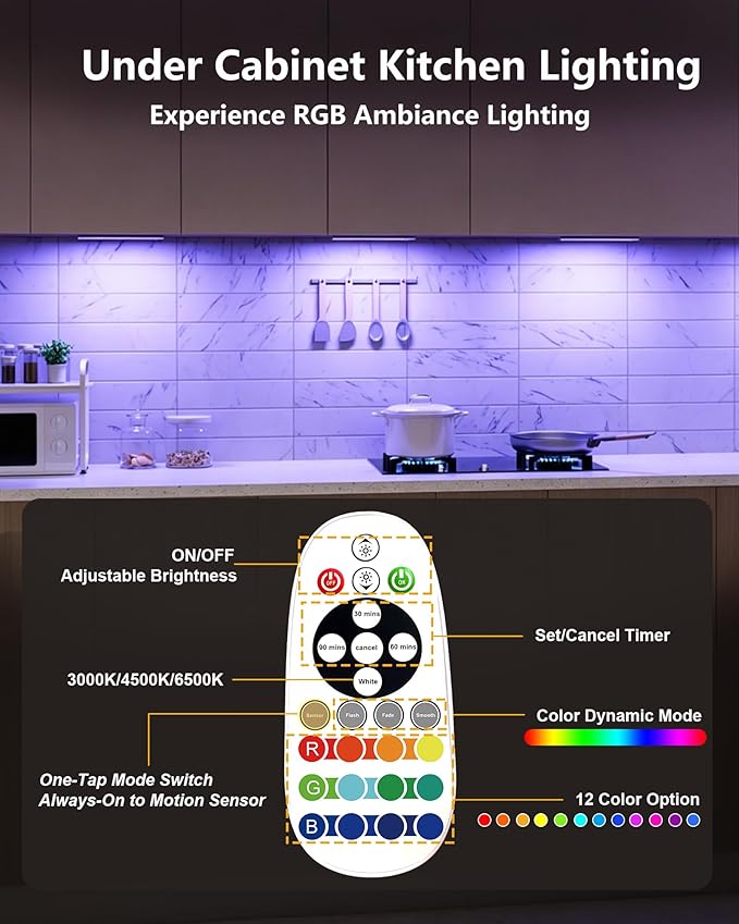 SZOKLED 58-LED Motion Sensor Under Cabinet Lights Wireless, RGB Closet Light Night Lights Remote, Rechargeable Under Cabinet Lighting Counter Lights for Indoor Kitchen, Stair (6 Packs)
