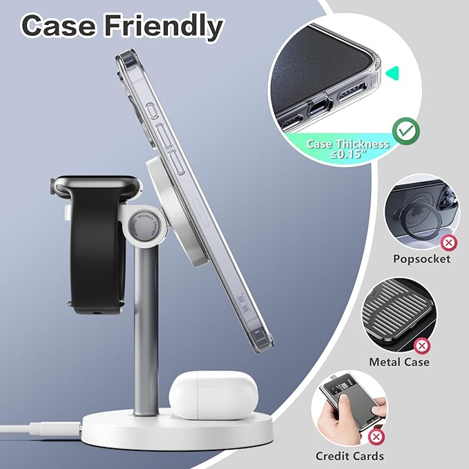 3 in 1 Wireless Charging Station Compatible with MagSafe, 15W Fast Charging Magnetic Mag-Safe Charger Stand for Apple iPhone 17 16 15 14 13 12Series Apple Watch AirPods Pro 4 3 2, Gifts for Men Dad
