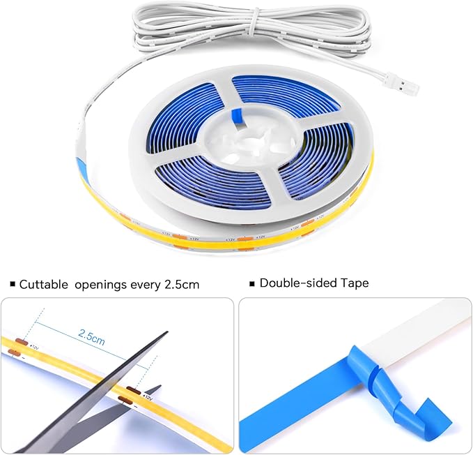 LED Shelf Light 12V,6.56Ft 6-in-1Dimmable Cuttable COB LED Strip Lights,with 60W Adapter Cabinet Light 4000K for Bookshelf, Display Cabinet, Closet, Kitchen and Pantry