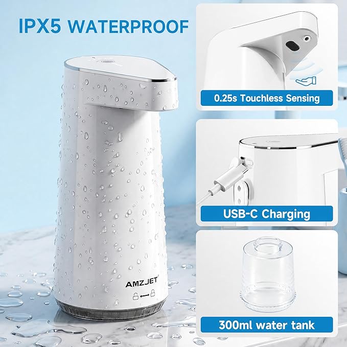 2026 Patent Edition Automatic Soap Dispenser Touchless, 300ml Hand Soap Dispenser with 4 Adjustable Foam Levels, IPX5 Waterproof Rechargeable Foaming Soap Dispenser for Kitchen & Bathroom