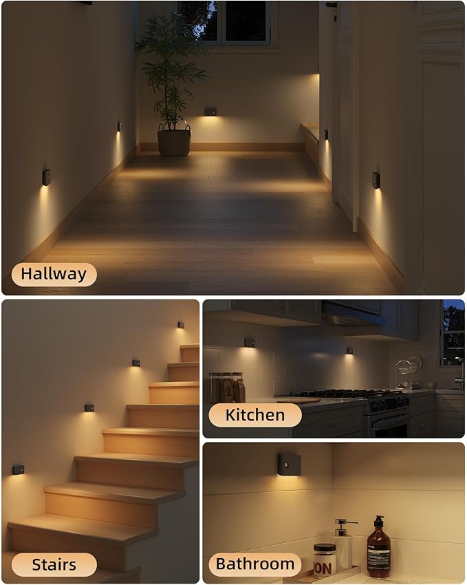 EZVALO 6 Pack Motion Sensor Night Lights, Sync LED Stair Lights Indoor, 1500mAh Rechargeable, Magnetic & Dimmable, 3000K Soft White, Portable Nightlight for Hallway, Stairs, Bathroom, Bedroom (Black)