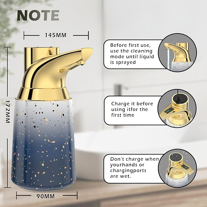 Adjustable Automatic Soap Dispenser Touchless, Ceramic Material，4 Adjustable Levels， Type-c Rechargeable Operated Sensor Liquid Soap Pump，Touch-Free Hand Sanitizer Dispenser (Starry Gold)