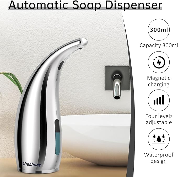 Automatic Soap Dispenser,4 Adjustable Levels Touchless Hand Sanitizer Pump with Infrared Sensor, Countertop Electric Soap Dispenser for Bathroom,Kitchen(TS2012) (Silver-Pink-Blue)