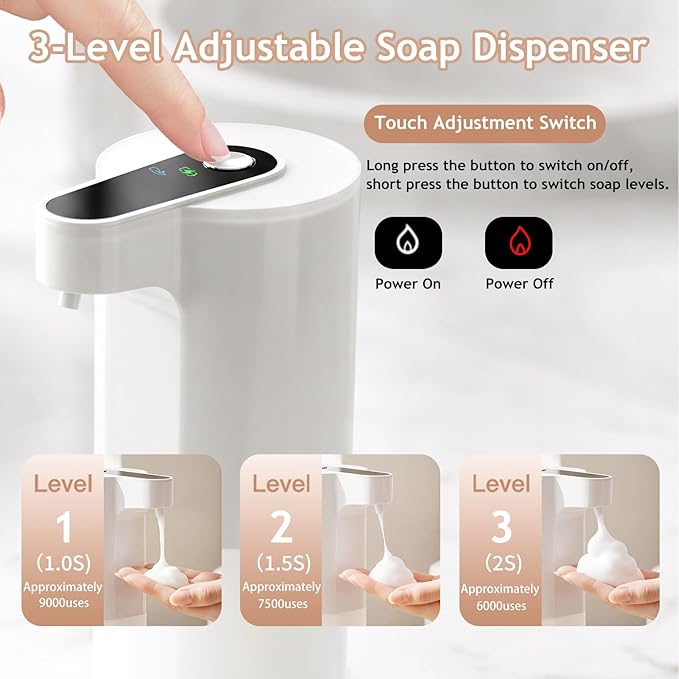 Automatic Soap Dispenser Touchless, Liquid & Foaming Soap Dispensers, USB Rechargeable Smart Hand Soap Dispenser, 3-Level Adjustable, 12.2oz/360ml (2 Pcs Foam Set White)