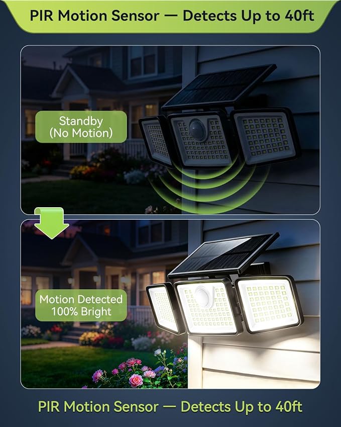 daphino 2500LM Solar Lights Outdoor with Motion Sensor,3 Head 270° Wide Angle Street Area Lights,IP65 Waterproof Security Lighting with 3 Modes(Remote,3 Pcs)