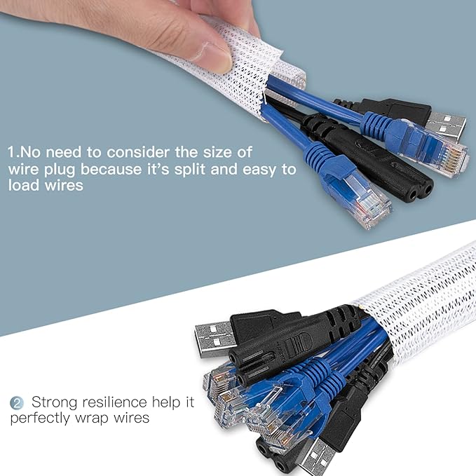 AGPTEK Cable Sleeve, 10ft - 1.5 inch Cable Management Desk Cord Cover Organizer Wire Hider for Home Office Computer TV Wire Loom Tubing Pet Proof Cord Protector from Cat Dog Chewing, White