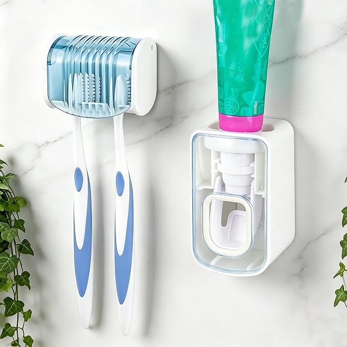 2 Slots Wall Mount Toothbrush Holder with Cover, Self Adhesive Toothbrush Storage Organizer for Shower, Toothbrush Hanger with Automatic Toothpaste Squeezer Dispenser(Blue)