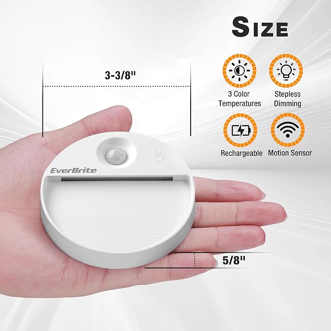 EverBrite Rechargeable Round Motion Sensor LED Night Light, Motion Activated LED Night Light with 3 Lighting Modes, Touch Control, 3 Color Temperatures & Dimmable, for Hallway, Bedroom, 2 Pack