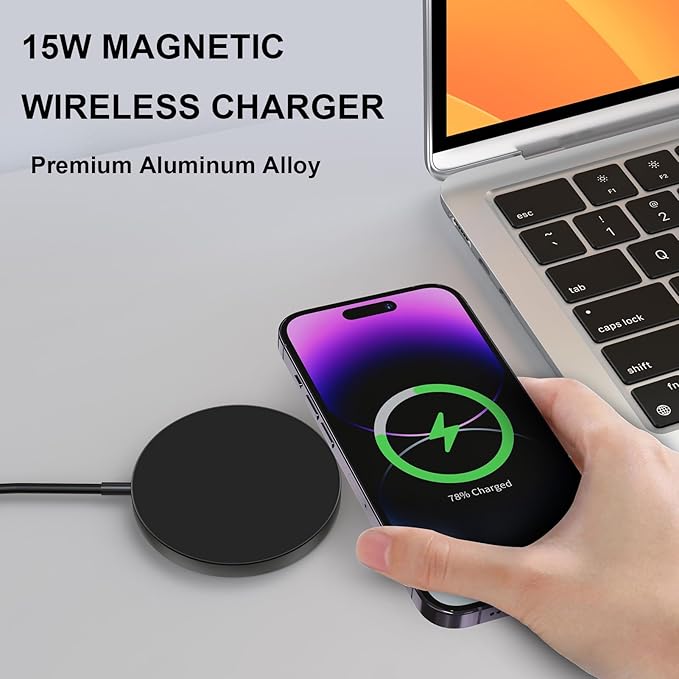 for MagSafe Charger 15W Magnetic Wireless Charging Pad for iPhone 17 16 15 14 13 12 Air Pro Max Plus mini/AirPods 2 3 Pro, Slim Portable Strong Magnet Quick Charger, USB-C/A Ports (Black)