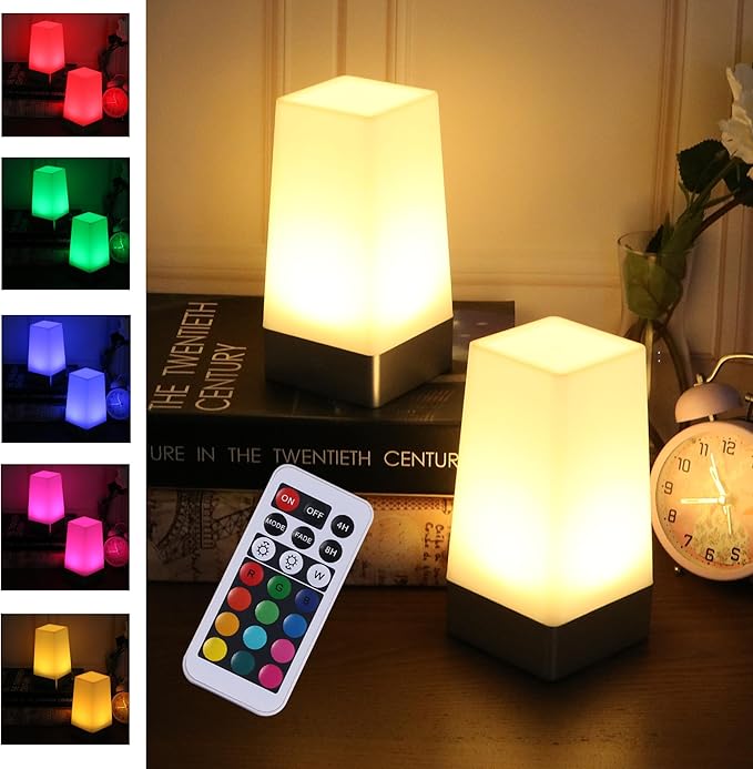 WRalwaysLX LED 2Square Night Light with Remote Control,Color Changing Table Lamp Battery Operated Lamp, Bedroom,Kitchen USE 3xAA Battery (not Include)