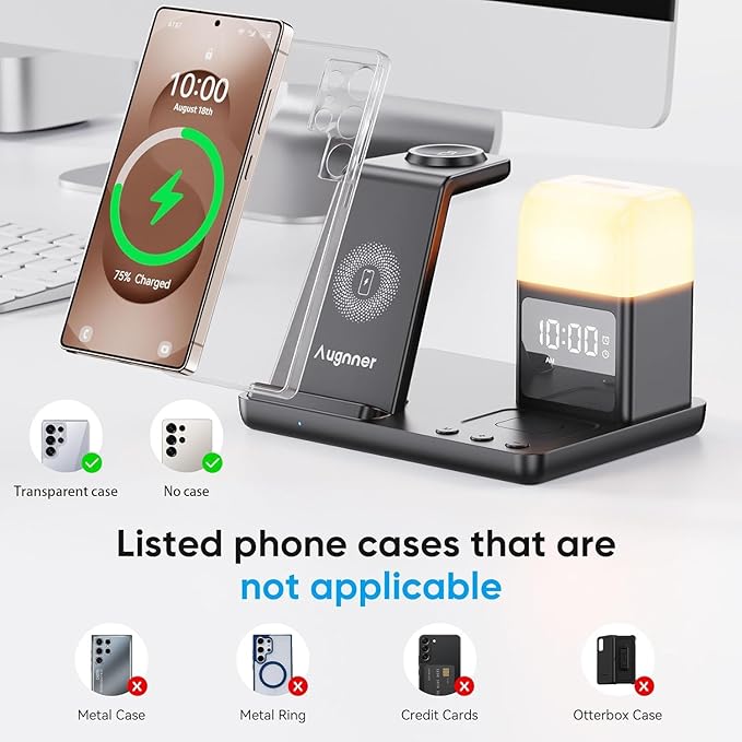 6 in 1 Wireless Charging Station for Samsung Android with Clock & Night Light，Alarm Clocks for Bedrooms,Wireless Charger Stand Beside Clock for Galaxy S26 S25 S24 Ultra Galaxy Watch Galaxy Buds