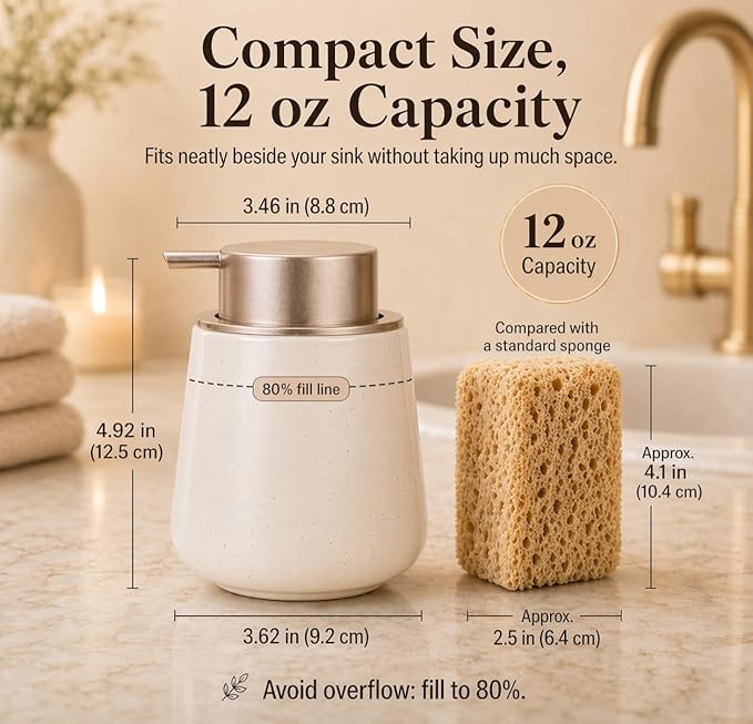 Bosilunlife Hand Soap Dispenser - 12oz Ceramic Soap Dispenser Bathroom Refillable Liquid Soap Pump Dispenser for Bathroom Kitchen Dispenser for Dish Soap with Easy-to-Press Pump