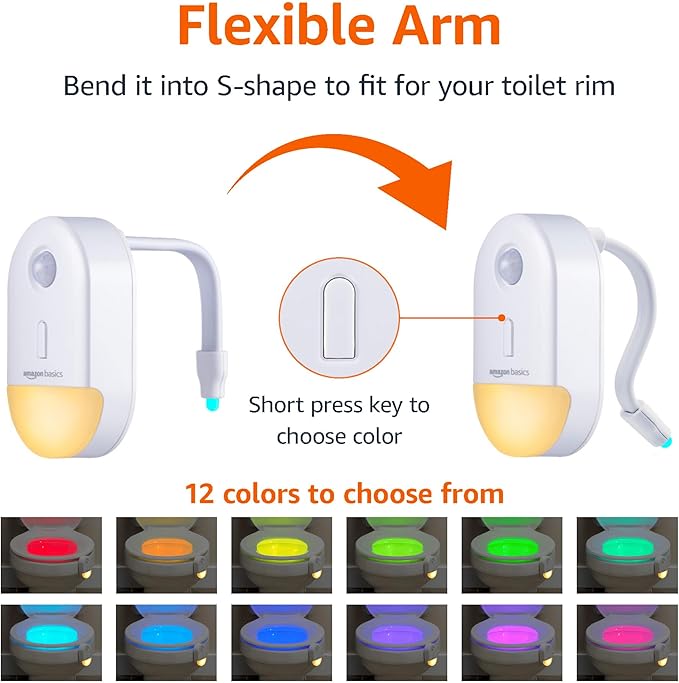 Amazon Basics Color Changing LED Toilet Bowl Motion Sensor Light, Battery Operated, Auto-off After 60 Seconds, 15 ft Detection Range, 2 Pack, White