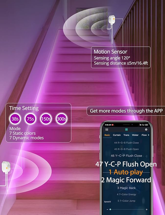 MATICOD Motion Sensor LED Strip Lights Indoor, Plug-in RGB Under Bed Lights for Bedroom, Under Cabinet With APP Control for Kitchen, Closet, Stair Night Light, 16.4ft