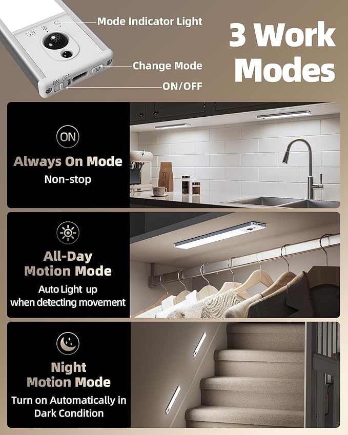 EZVALO Under Cabinet Lighting with Charging Station, Rechargeable Motion Sensor Light Indoor, Dimmable Closet Lights Wireless, 6500K, Motion Activated Under Counter Lights for Kitchen,Pantry(3 Pcs)