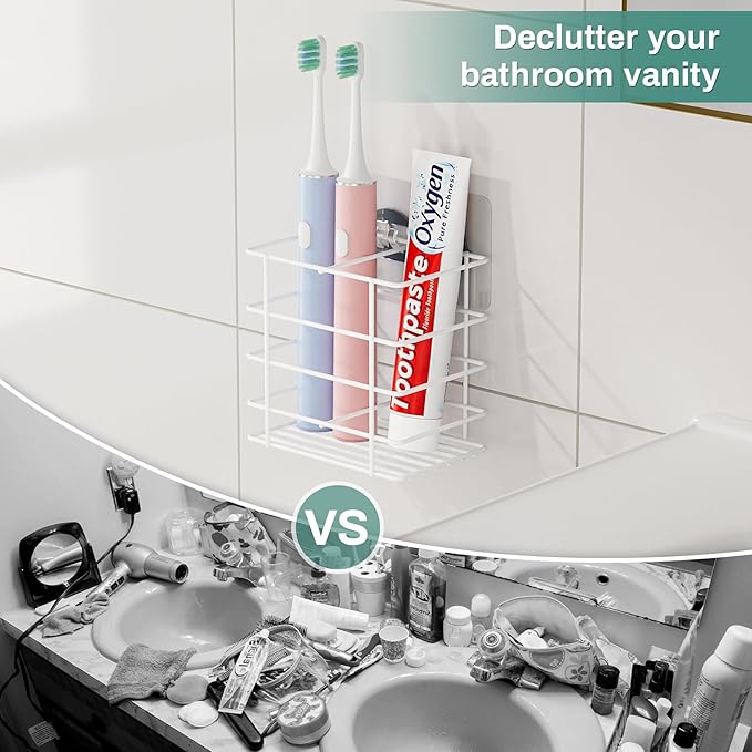 Shower Toothbrush Holder Wall Mounted, Adhesive Toothpaste Organizer for Bathroom Wall, Hanging Razor Tooth Brush Holder Caddy with Drainage, White RV Camper Bathroom Accessories Decor