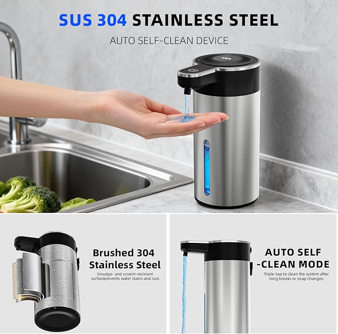 Touchless Automatic Liquid Soap Dispenser for Kitchen, Rechargeable, 13.5oz Large Capacity, Fast Sensor, 4 Adjustable Liquid Levels, Waterproof, Clog-Free Pump(Stainless Steel Liquid)