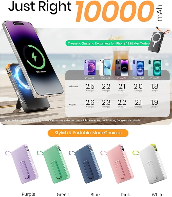 Magnetic Portable Charger, for Magsafe Battery Pack with Stand, 10000mAh Wireless Power Bank Fast Charging with Built in Cable(USB C), Powerbank for iPhone17/16/15/14/13/12 Travel & Daily, Purple