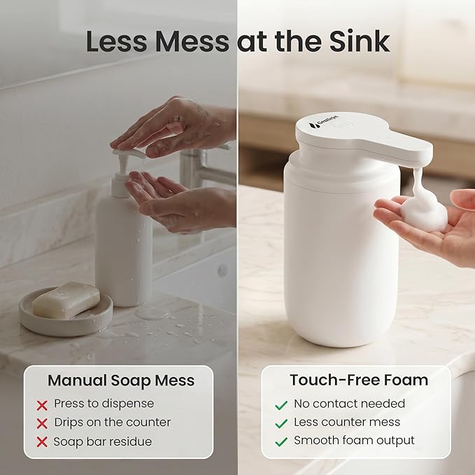 GentleJet SimpleFoam Automatic Foaming Soap Dispenser Touchless Sensor, USB-C Rechargeable, IPX5 Waterproof, Dual Output for Bathroom Kitchen Sink, ABS Compact Design