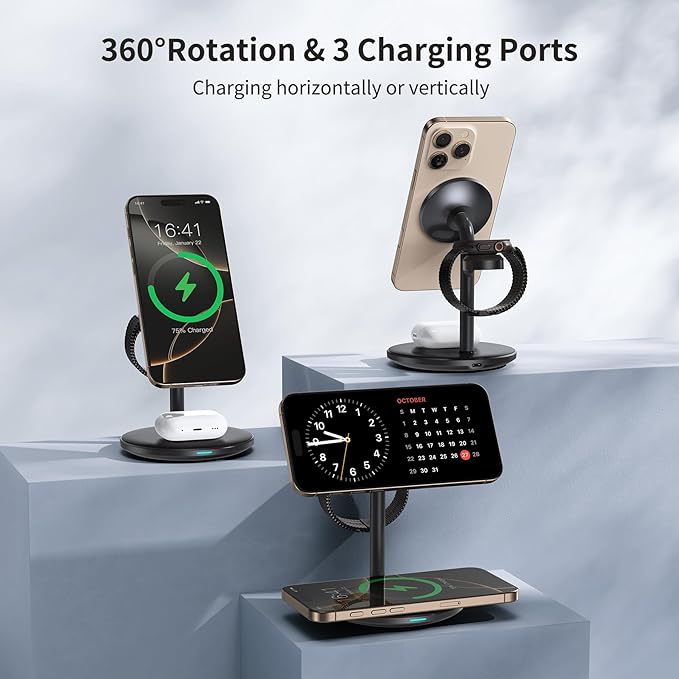 3 in 1 Wireless Charging Station for Apple Devices with MagSafe Charger, 15W Wireless Charger Station for iPhone 17/16/15/14/13/12 Pro Max Air Plus Mini, iWatch&AirPods(with 20W Adapter)