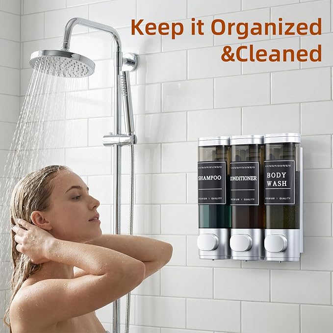 Shampoo and Conditioner Dispenser,Shower Soap Dispenser 3 Chamber No Drill Wall-Mounted Shampoo Dispenser for Shower Wall Mounted Shower Dispenser for Bathroom Hotel Large Capacity,Silver