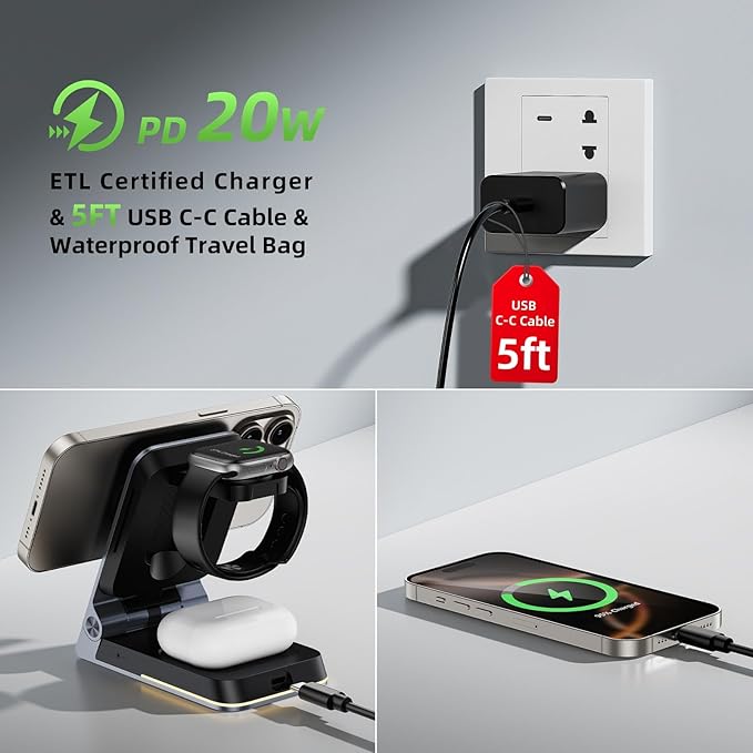 Foldable Wireless Charger 3 in 1 - Magnetic Wireless Charging Station for Apple Magsafe Charger Stand with Light,Aluminum Portable Travel Charger Dock for iPhone 17/16/15/14/13/12,Apple Watch,AirPods