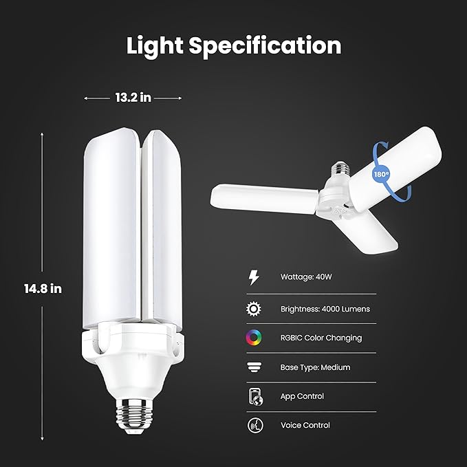 Feit Electric Smart LED Garage Light, 4000 Lumens RGBW Color Changing Deformable Panels, 2.4GHz WiFi App Control, Works with Alexa & Google, E26 Screw-in Ceiling Light for Garage ADJ4000/RGBW/LED/AG