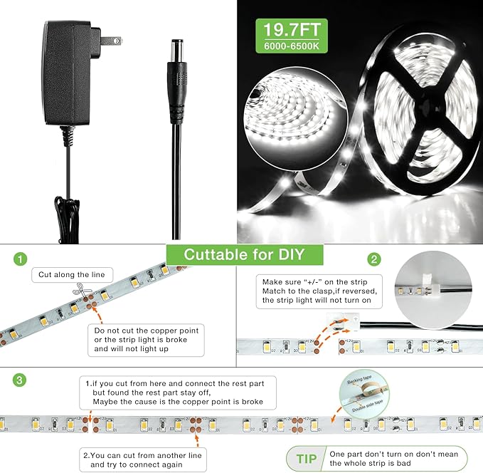 RAYZEEK Wireless Motion Activated LED Strip Lights,19.7FT LED Strip Lights with Power Adapter,Wireless Motion Sensor Control Dimmer,Timing,Cool White (1×Controller+2×Motion Sensor)