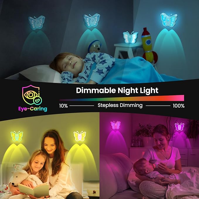 LOFTEK Rechargeable Motion Sensor Light, RGB Color Changing & Dimmable Night Light, Cute Butterfly Light for Kid's Bedroom, Bathroom, Hallway, Tent & Stairs - Ideal Home Decor & Gift, Pink of 4