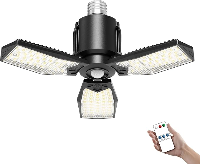 Motion Sensor Garage Light 80W 8000LM, Deformable LED Shop Light with Remote Control and 360° Detection, Motion Activated Light Bulb Indoor for Basement, Attic (1 Pack)