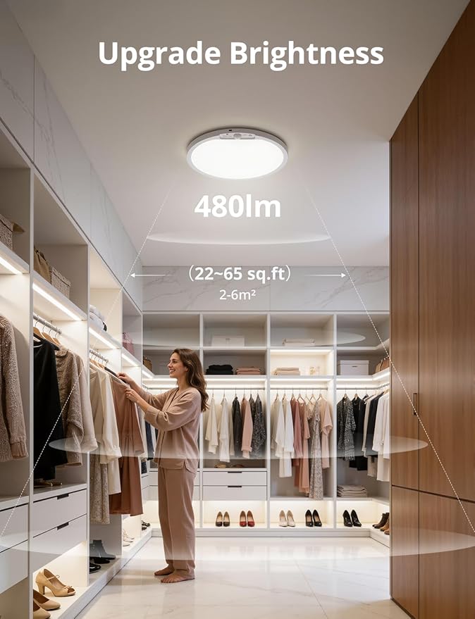 Bojim 10000mAh Battery Operated Ceiling Light with Remote, Rechargeable Wireless Waterproof Shower Light with RGB Backlight, 12 Inch Dimmable Hallway Lamp Motion Sensor for Room Closet Pantry Garage
